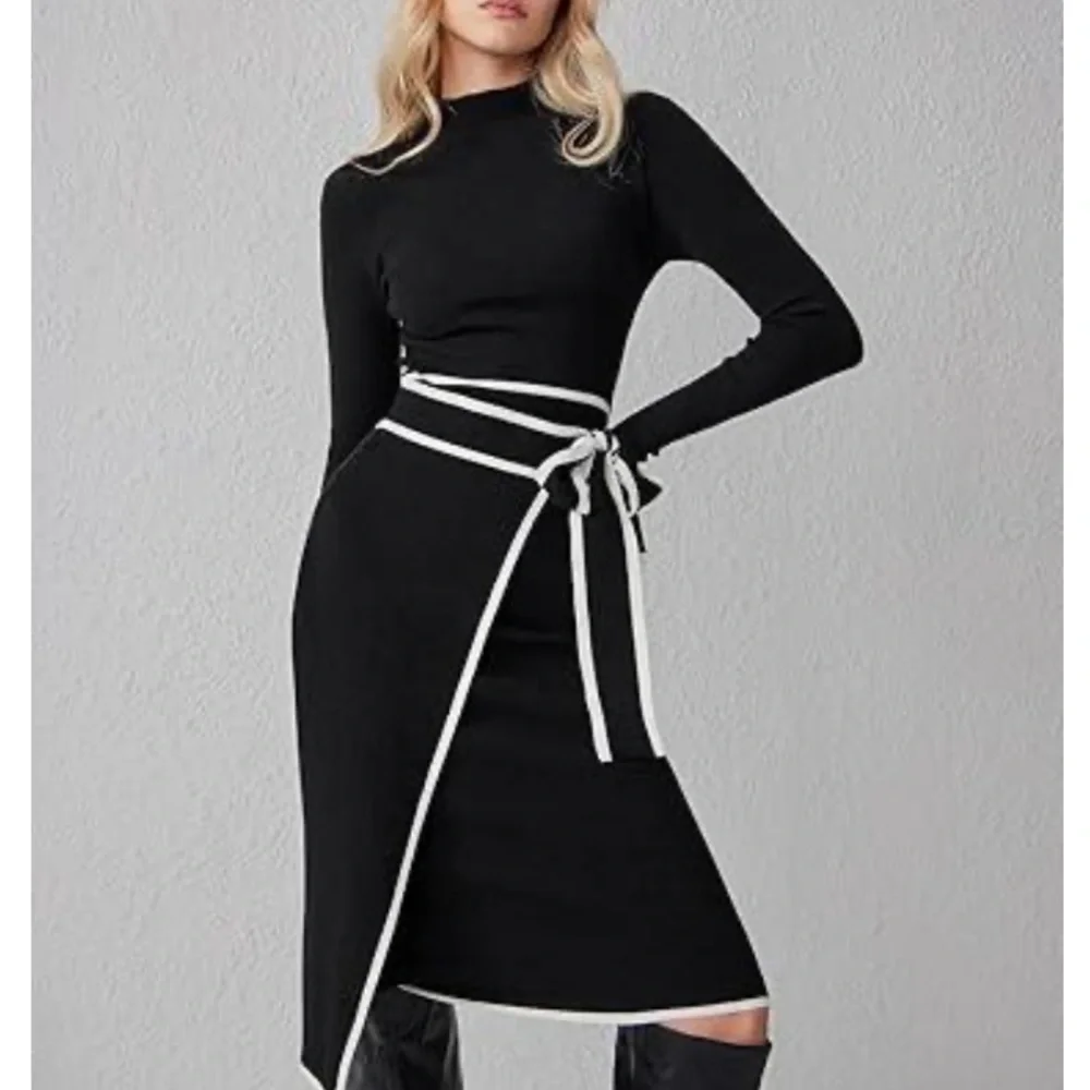 🆕Cider Knit Dress Long Sleeve Mock Turtleneck Bow Tie Wrap Dress - Picture 4 of 11
